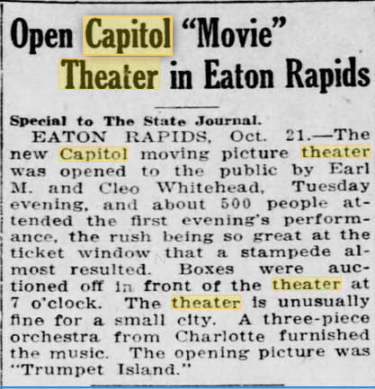 Capitol Theatre - 21 Oct 1920 Opening Announcement (newer photo)